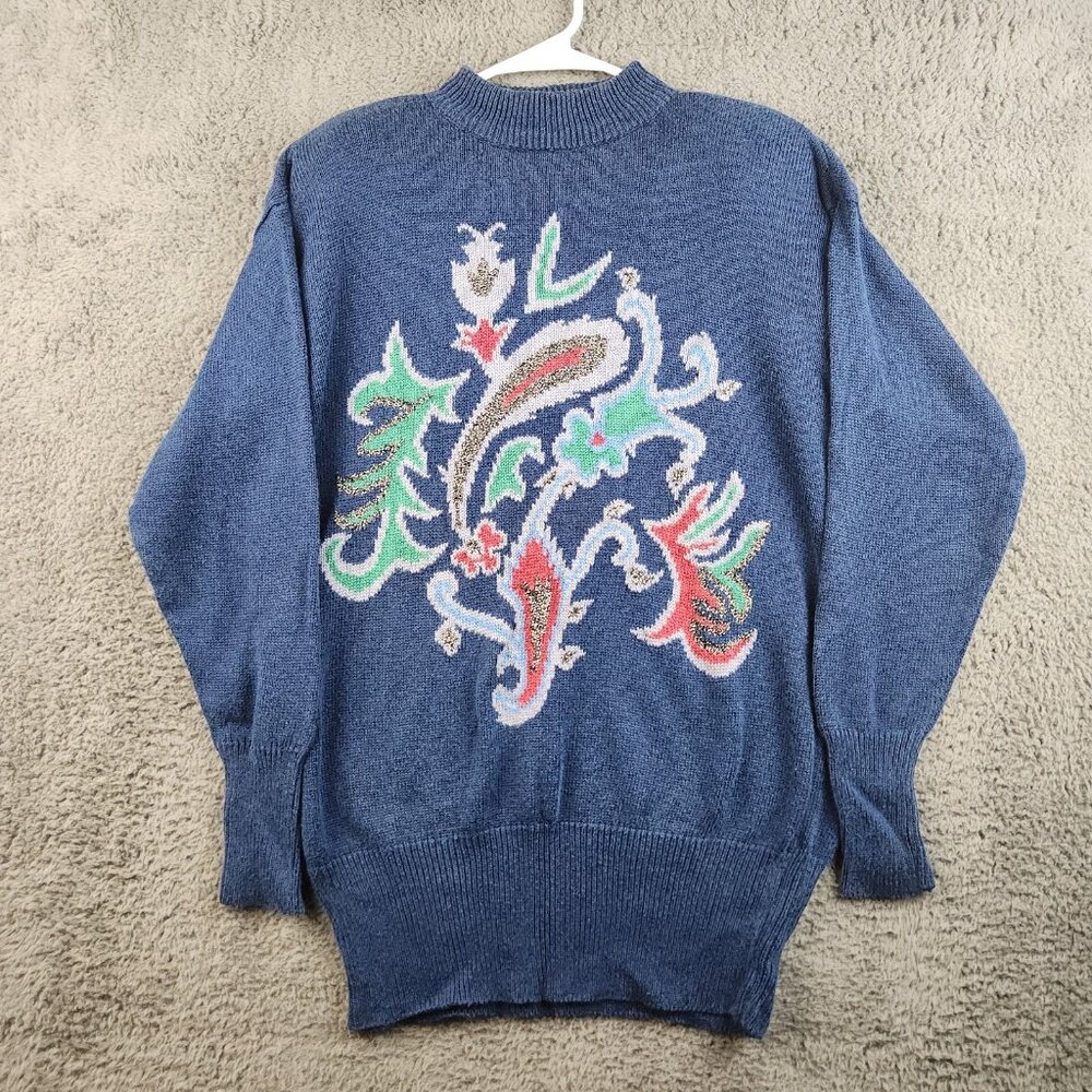 Women's Vintage 80's Abstract Floral Pattern Knit Pullover‎ Sweater Size Medium